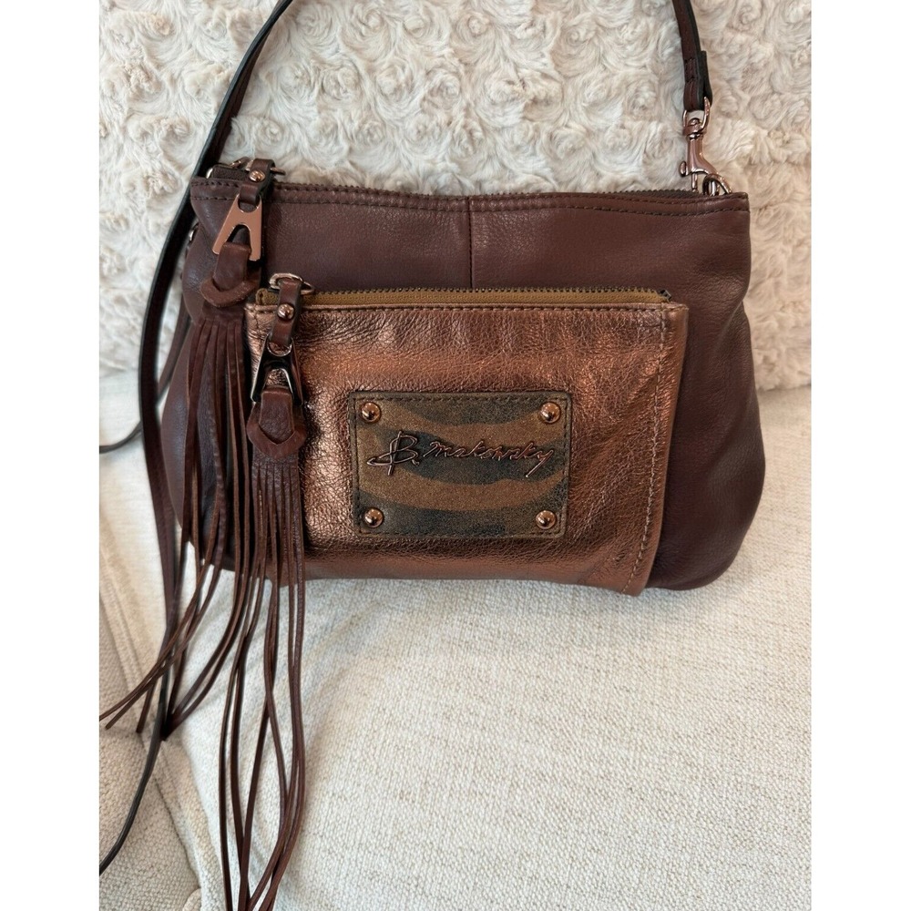 B Makowski Metallic Bronze Brown Pebbled Leather Tassel Crossbody Purse